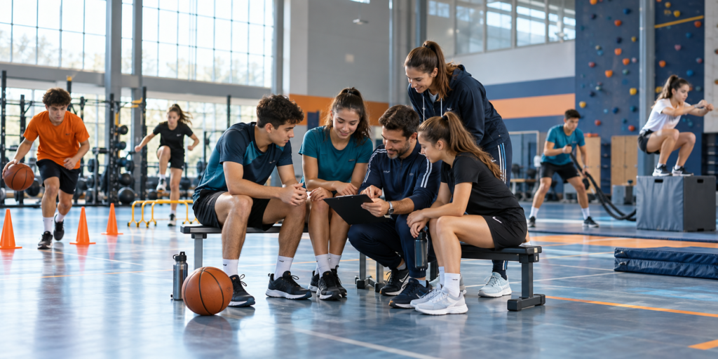 Young athletes and coaches training together in a community sports club